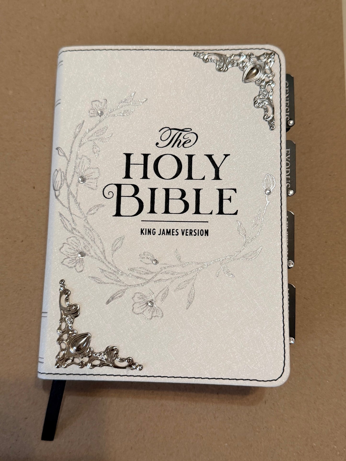 Pearlized White Wreath Design Compact Large Print KJV Holy Bible